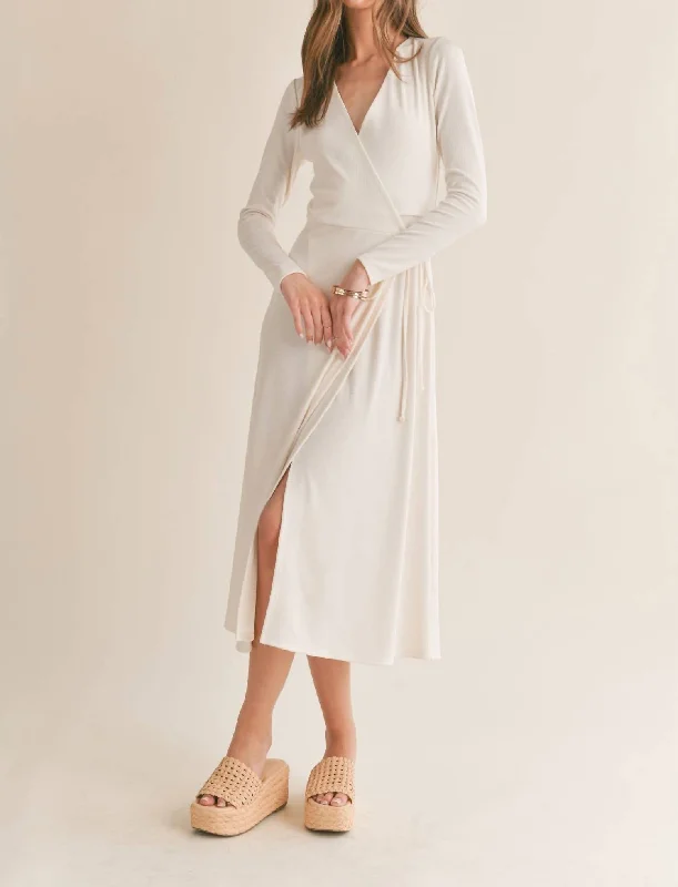 Icon Wrap Midi Dress In Off White Fashionable Off-Shoulder Dress Midi