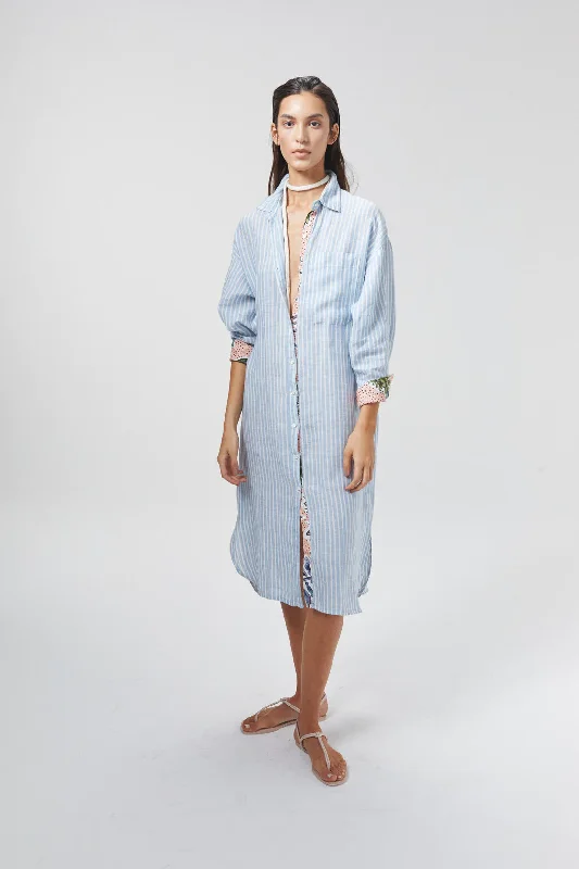 Island Linen Midi Dress - Light Blue and White Stripes with Contrasting Details Comfortable Stretch Midi Dress Island Linen Midi Dress - Light Blue and White Stripes with Contrasting Details Comfortable Stretch Midi Dress