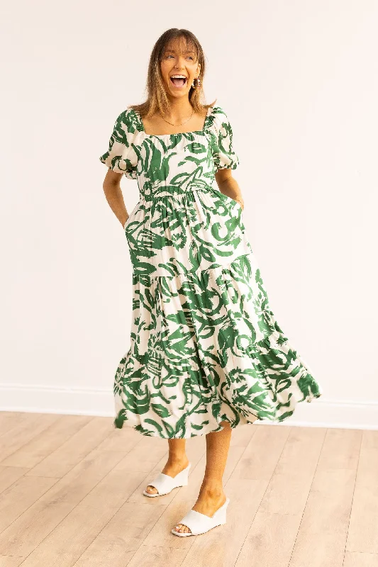 Elizabeth Midi Dress, Green & Ivory Comfortable Denim Midi Dress