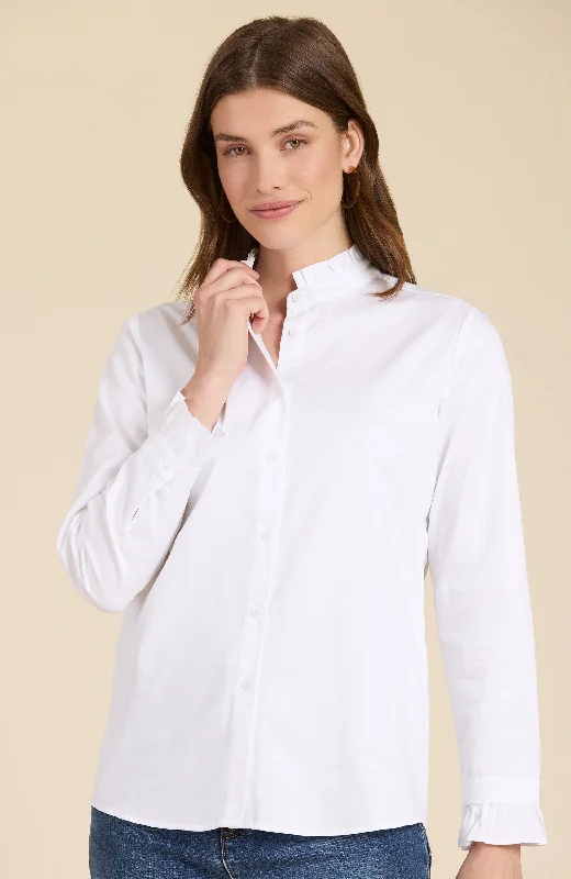 Kelsey Ruffle Collar Shirt - White Comfortable Stretch Short Shirt