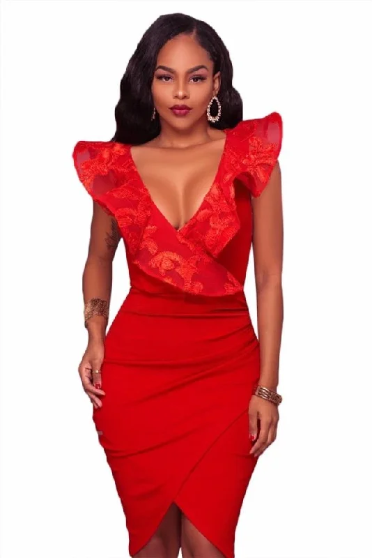Sleeveless Lace Ruffle V Neck Midi Dress Fashionable Fitted Midi Dress