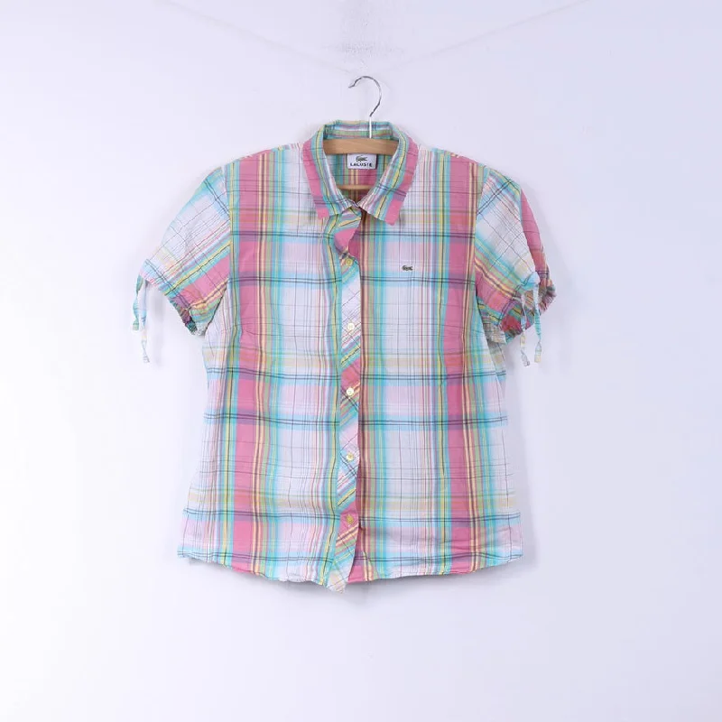 Lacoste Womens 42 M Casual Shirt Pink Check Cotton  Short Sleeve Comfortable Short Sleeve Tunic