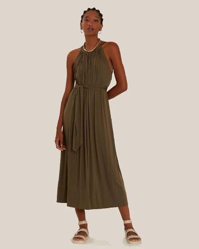 Modal Midi Dress with Tie in Granite Fashionable Fitted Midi Dress