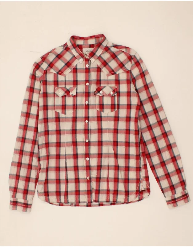 LEVI'S Womens Shirt UK 14 Medium Red Check Cotton Elegant Longline Short Shirt