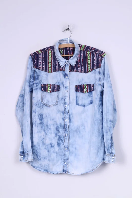 Life in progress Womens S Denim Shirt Aztec Details Acid Wash Jeans Snaps Classic Denim Short Sleeve