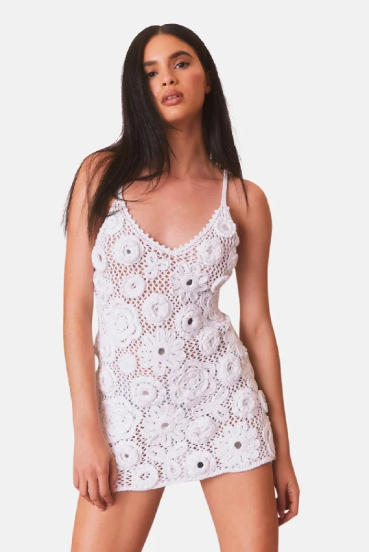 Ferline Crochet Embellished Mini Dress White Trendy Denim Mini Dress