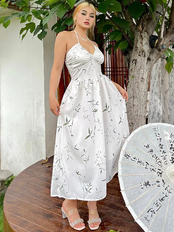 Luna Plus Size White Leaf Print Spaghetti Strap Halter V-Neck Long Midi Dress Classic Black Midi Dress