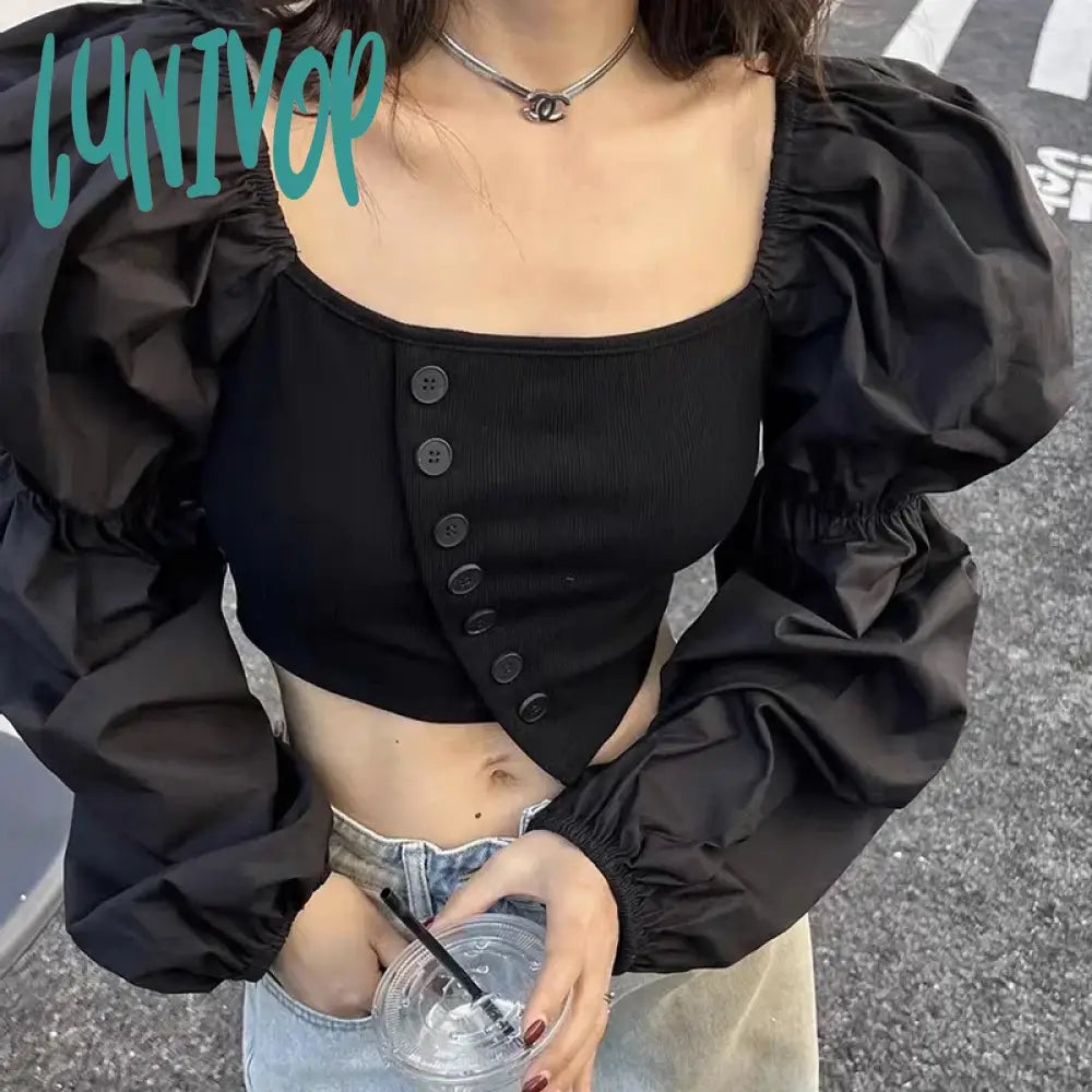 Lunivop Autumn Sexy Off Shoulder Slash Neck Shirt 2024 New Splicing Lantern Sleeve Blouse Korean Fashion Short Tops Women Clothes Modern Fit Short Sleeve