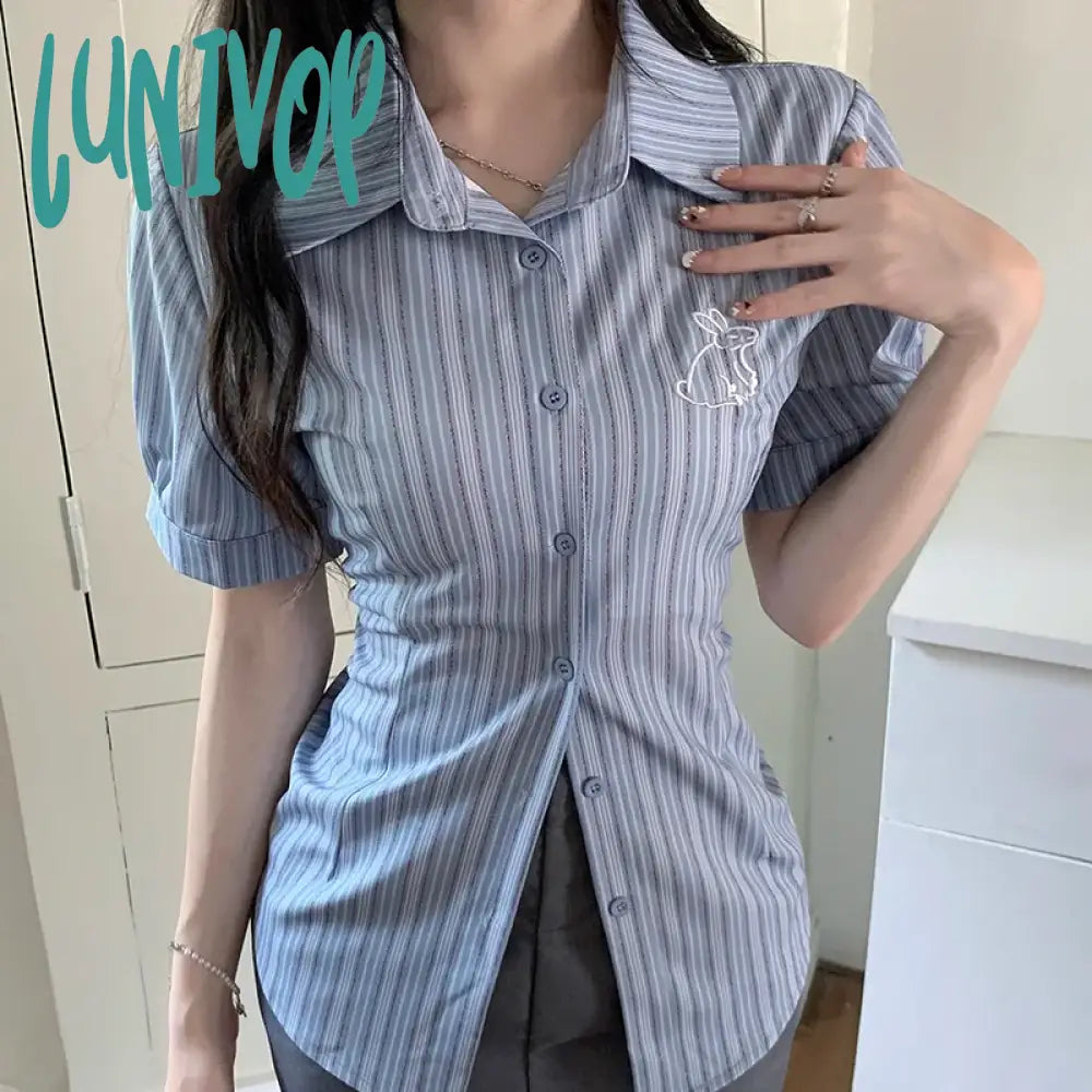 Lunivop Korean Slim Striped Shirt Women Casual Preppy Style Short Sleeve Blouse Summer All Match Embroidery Female Fashion Tops Stylish Crew Neck Shirt Lunivop Korean Slim Striped Shirt Women Casual Preppy Style Short Sleeve Blouse Summer All Match Embroidery Female Fashion Tops Stylish Crew Neck Shirt