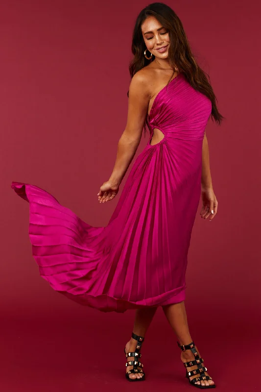 Magenta One Shoulder Side Cut Out Pleated Midi Dress Stylish High-Waisted Midi Dress