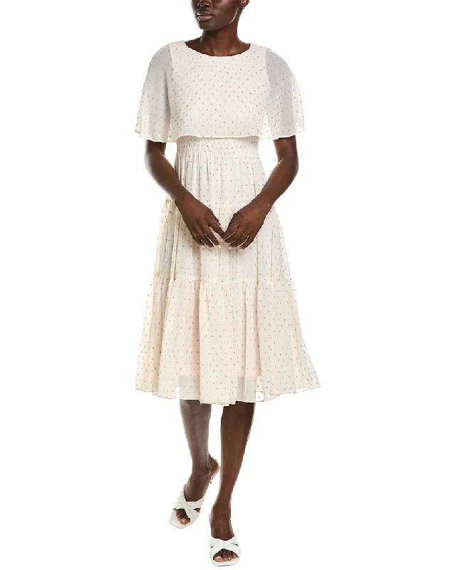 Maison Tara Clip Dot Midi Dress Trendy Off-Shoulder Button Midi Dress