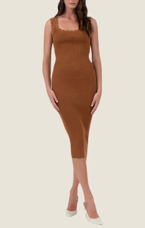 Mallory Caramel Knit Midi Dress Trendy Fit-and-Flare Midi Dress