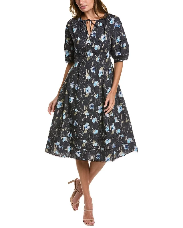 Marchesa Notte Aster Printed Midi Dress Comfortable Fit-and-Flare Midi Dress