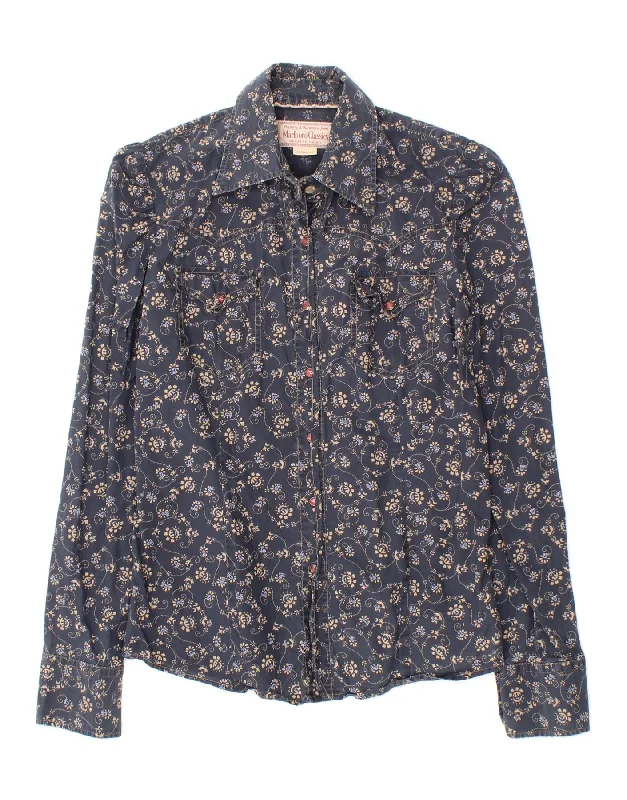 MARLBORO CLASSICS Womens Shirt EU 42 Large Navy Blue Paisley Cotton Cozy Loose Fit Short Sleeve