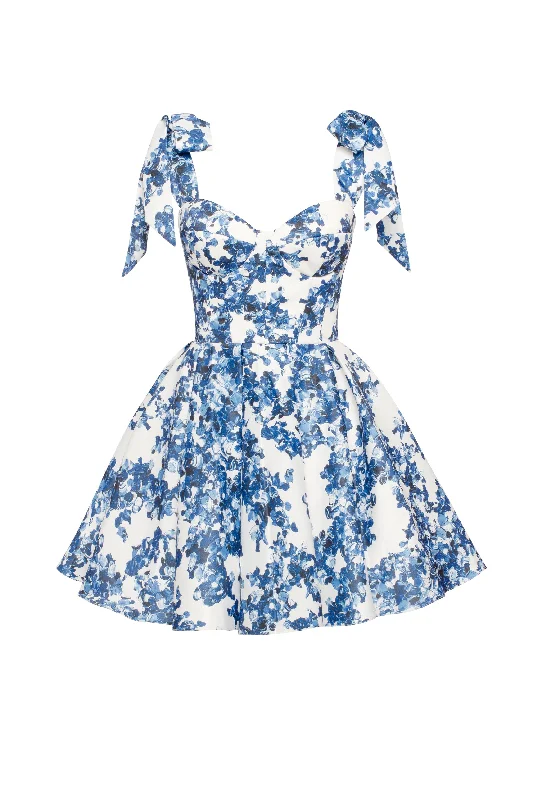 Marvelous blue hydrangea mini dress on straps, Garden of Eden Comfortable Wrap Mini Dress