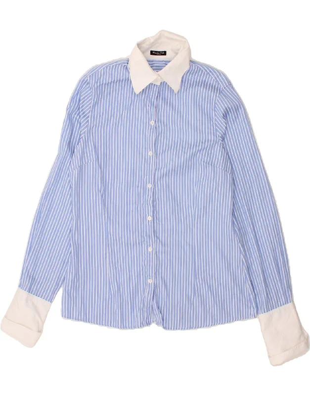 MASSIMO DUTTI Womens Shirt EU 42 Large Blue Striped Cotton Fashionable Tied Short Sleeve