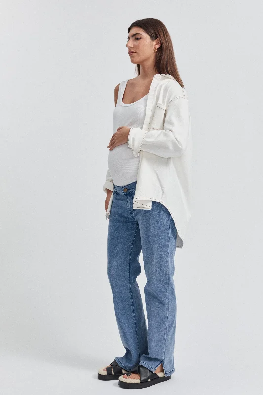 Denim Shirt (White) Elegant Draped Short Shirt