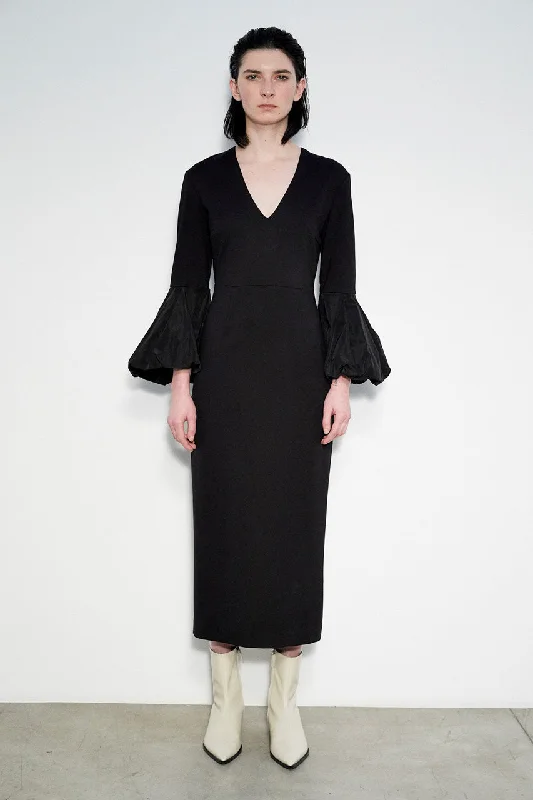 MEIMEIJ - V NECK MIDI DRESS WITH PUFF SLEEVES Comfortable Fit-and-Flare Midi Dress