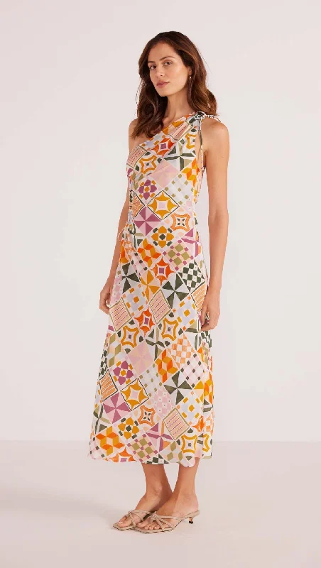 Minkpink - Louisa One Shoulder Midi Dress in Mosaic-Geo Trendy Shift Midi Dress