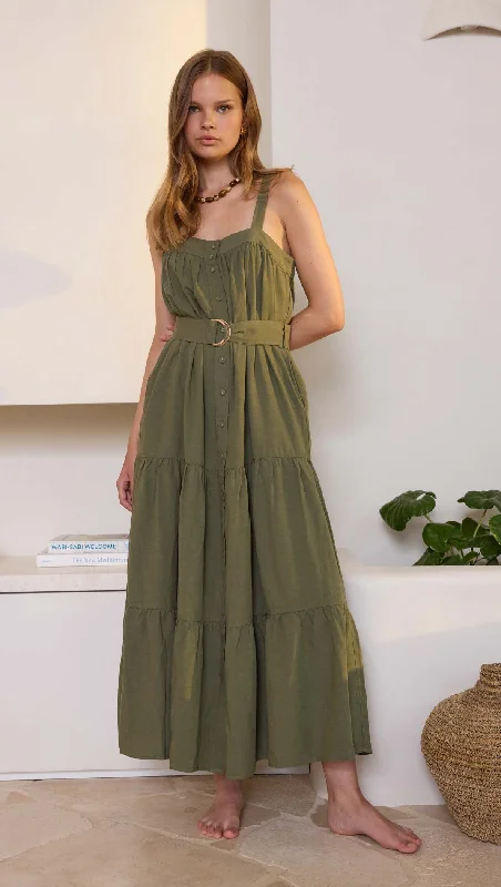 Minkpink - Amara Tiered Midi Dress in Khaki Elegant Floral Midi Dress