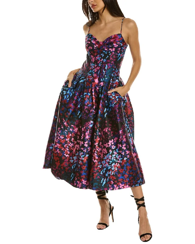 ML Monique Lhuillier Mikado Midi Dress Elegant Floral Appliqué Midi Dress