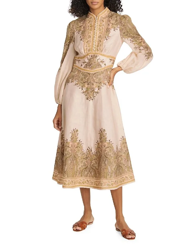 Natura Buttoned Midi Dress In Khaki Paisley Trendy Boho Midi Dress