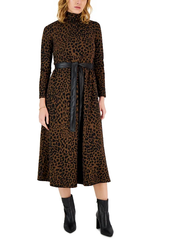 Petites Womens Turtleneck Animal Print Midi Dress Trendy Smocked Detail Midi Dress