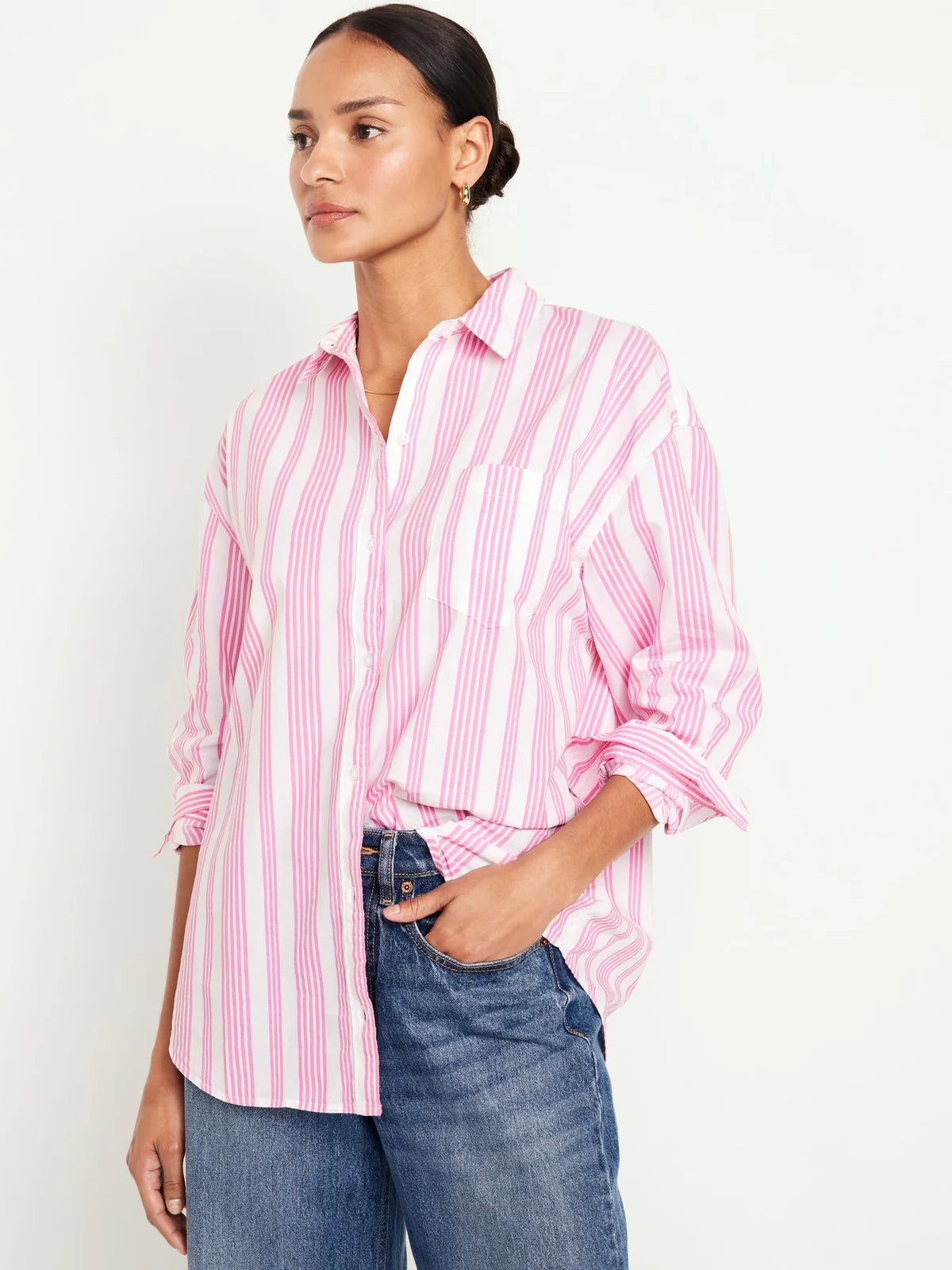 STRIPED BOYFRIEND SHIRT Comfortable Stretch Short Shirt