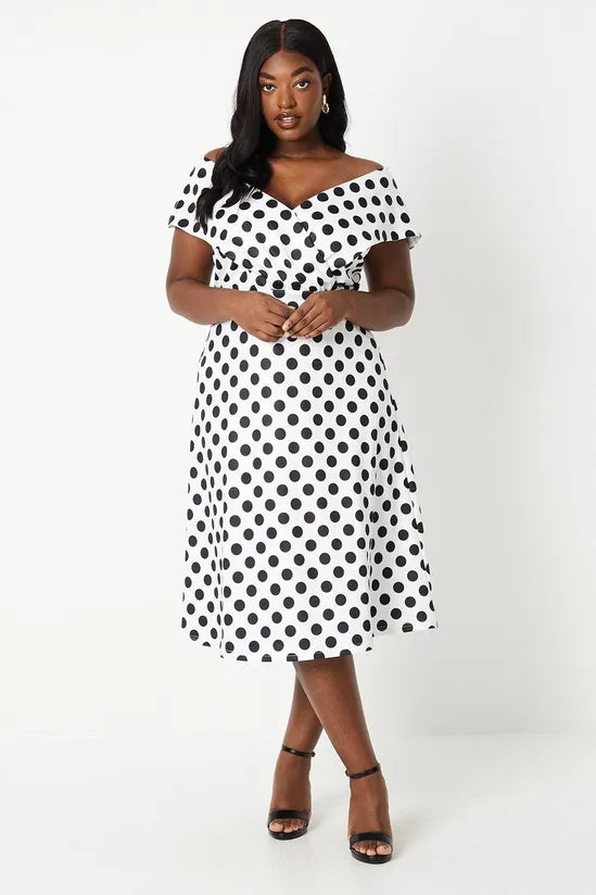 Plus Bardot Midi Dress In Spot Trendy Smocked Waist Midi Dress