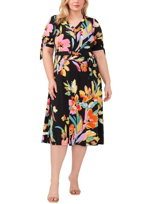 Plus Womens Floral Print Polyester Midi Dress Cozy Spaghetti Strap Midi Dress