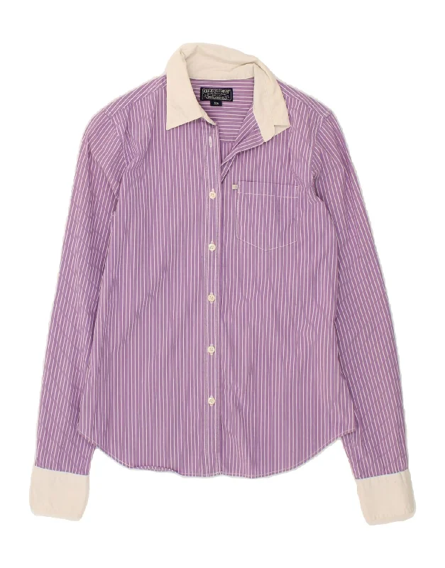 POLO RALPH LAUREN Womens Shirt UK 6 XS Purple Pinstripe Cotton Trendy Ruffled Short Sleeve