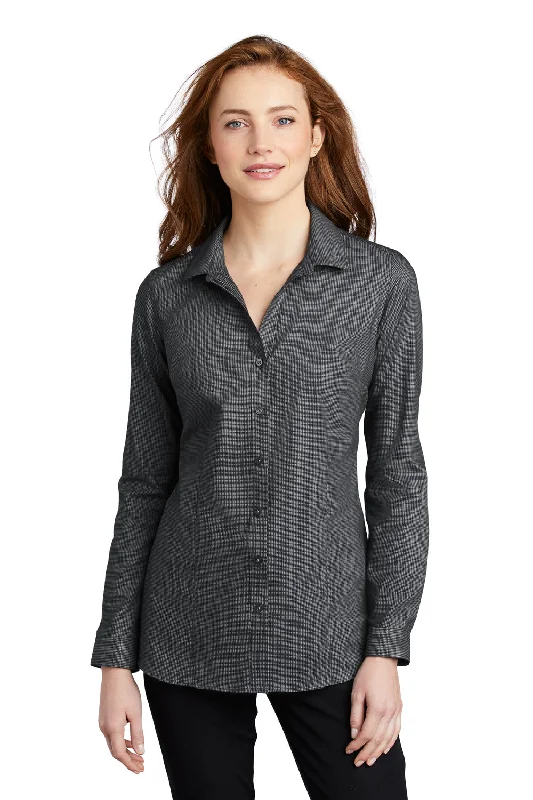 Port Authority Womens Pincheck Wrinkle Resistant Long Sleeve Button Down Shirt - Black/Steel Grey Casual Button-Down Short Shirt