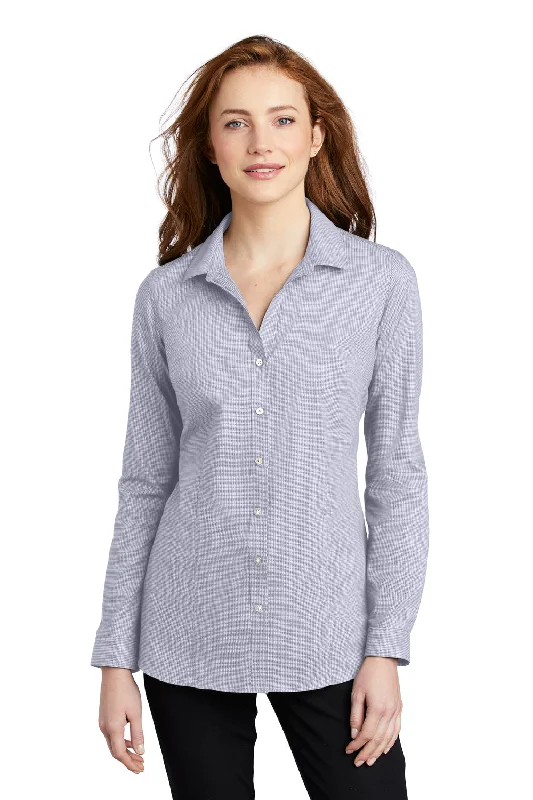 Port Authority Womens Pincheck Wrinkle Resistant Long Sleeve Button Down Shirt - Gusty Grey/White Classic Short Sleeve Blouse