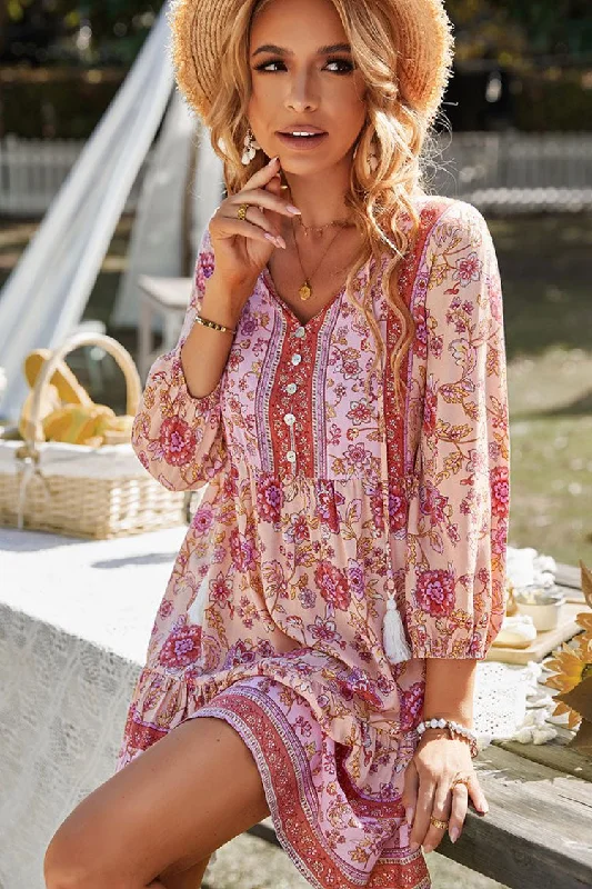 Prairie Tie Neck Half Button Floral Printed Boho Chic Mini Dress - Pink Cozy Satin Mini Dress