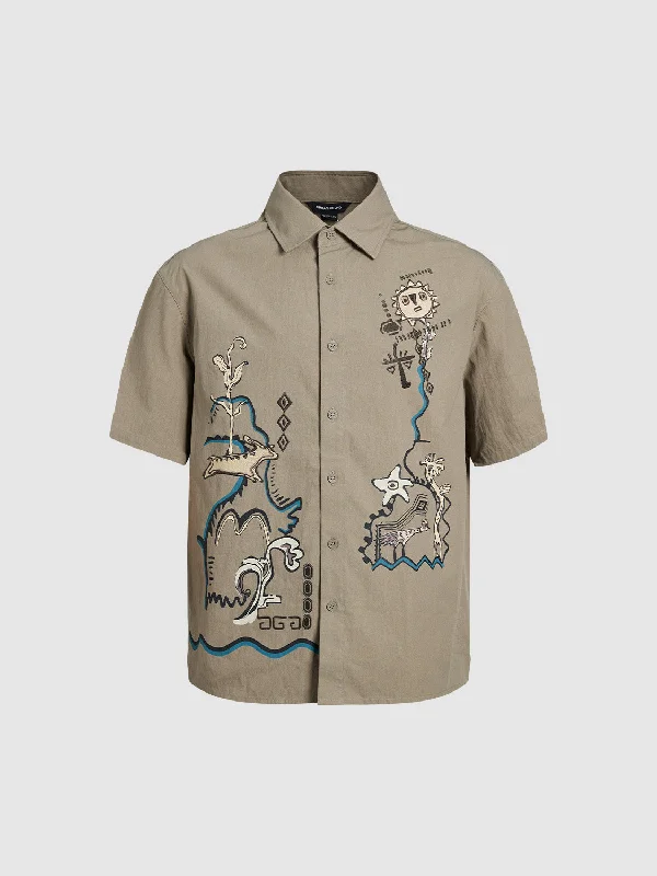 Printed Button Up Loose Shirt Fashionable Cuffed Short Sleeve