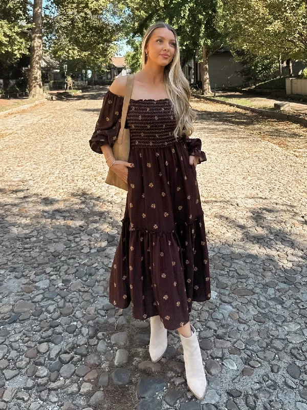 Chocolate Dreams Floral Midi Dress Trendy Smocked Detail Midi Dress