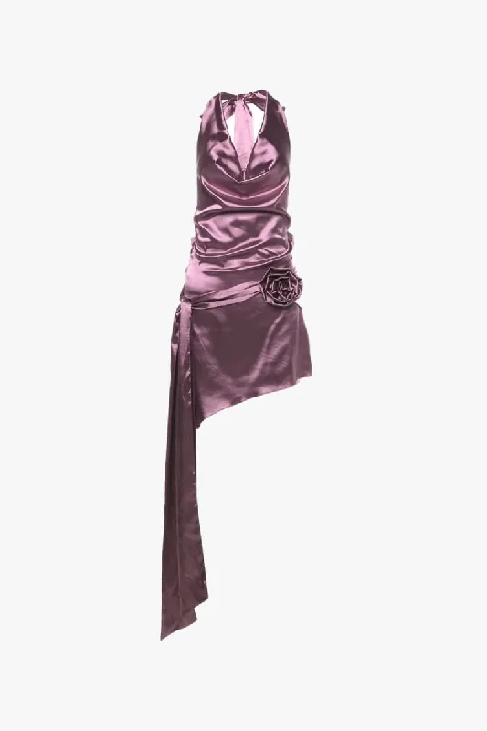 Purple Satin Draped Mini Dress Trendy Mini Dress with Belt