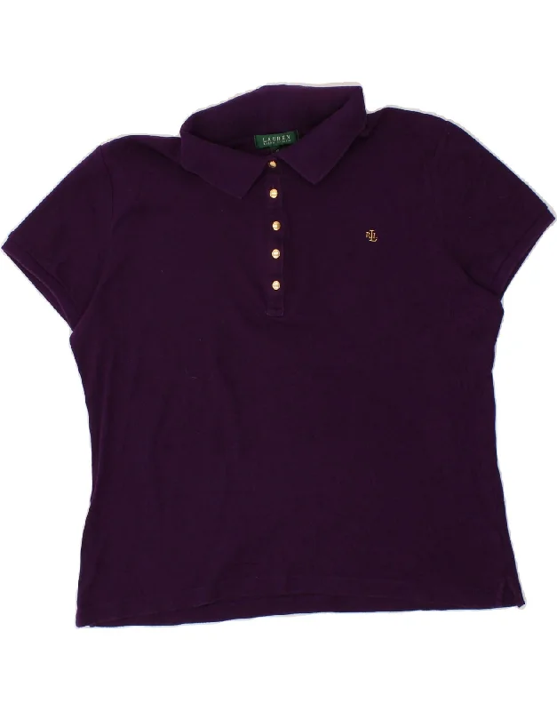 RALPH LAUREN Womens Polo Shirt UK 16 Large Purple Cotton Elegant Longline Short Shirt