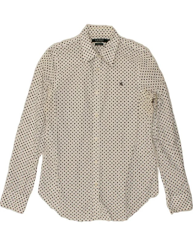 RALPH LAUREN Womens Shirt UK 12 Medium White Polka Dot Cotton Fashionable Button-Front Short Sleeve