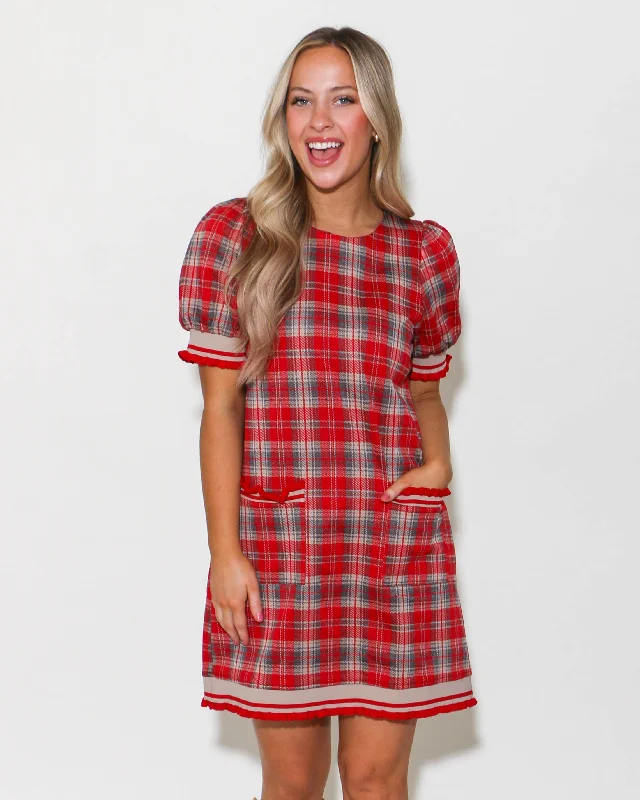 Red Plaid Short Sleeve Mini Dress Elegant Silk Mini Dress