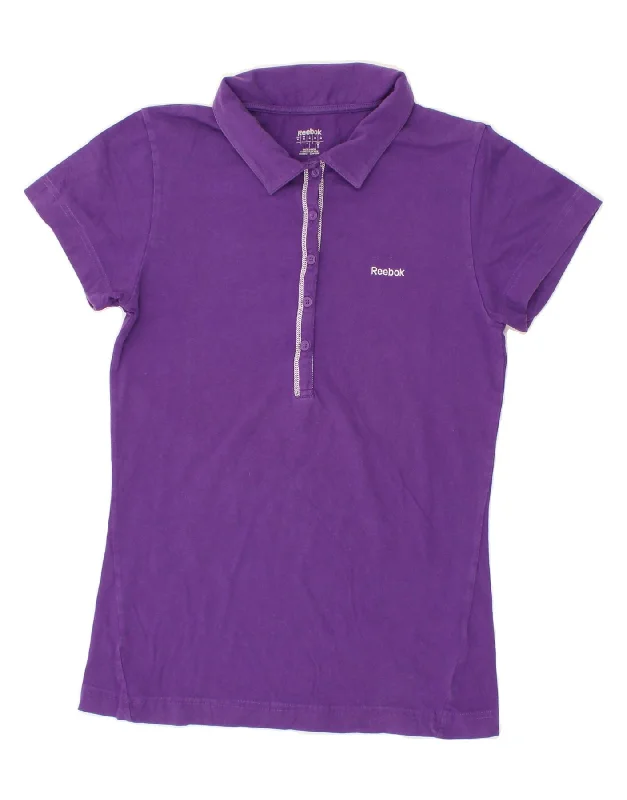 REEBOK Womens Polo Shirt UK 12 Medium Purple Cotton Trendy Tie-Front Short Shirt