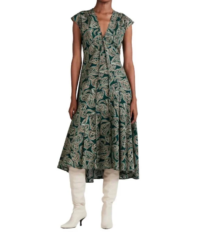 Reina Sleeveless Midi Dress In Moss Multi Comfortable Casual Midi Dress