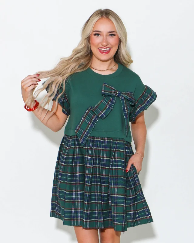 Ruffle Sleeve Plaid Ribbon Mini Dress in Green Elegant Velvet Mini Dress