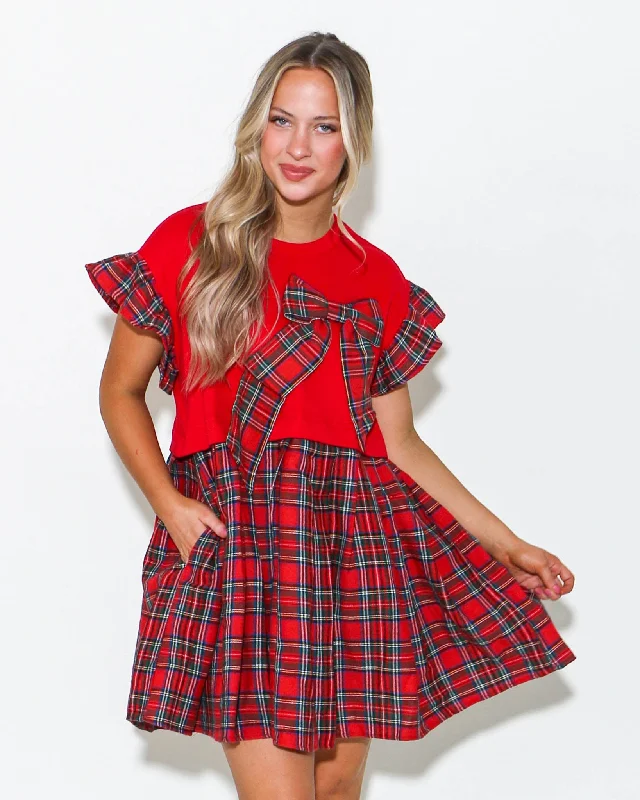 Ruffle Sleeve Plaid Ribbon Mini Dress in Red Fashionable Off-Shoulder Mini Dress