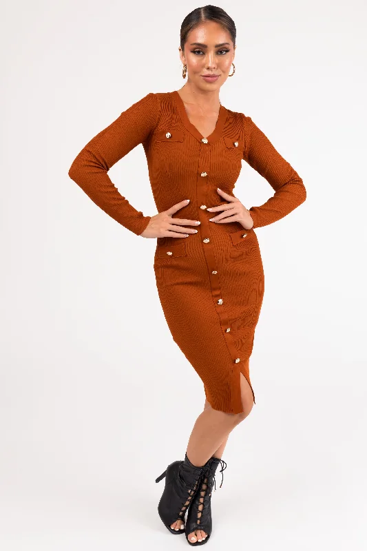 Rust Button Down Long Sleeve Ribbed Midi Dress Stylish Off-Shoulder Ruffle Dress