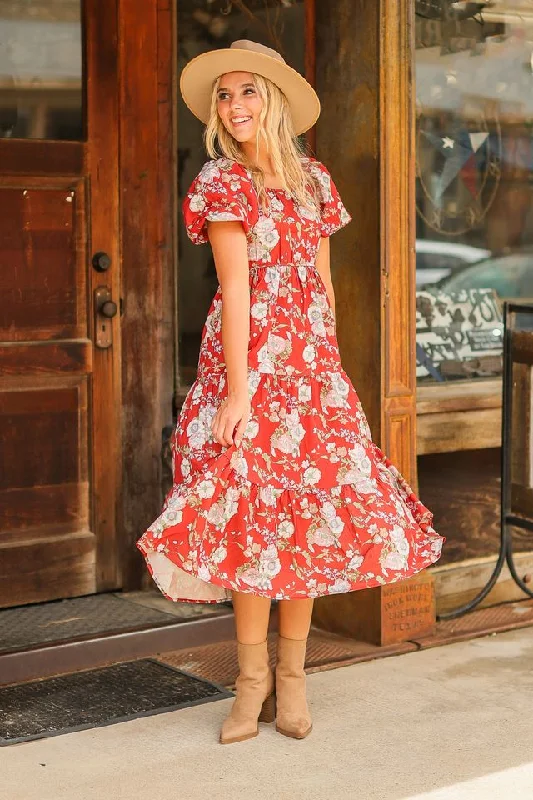 Elizabeth Midi Dress, Rust and Floral Elegant V-Neck Midi Dress