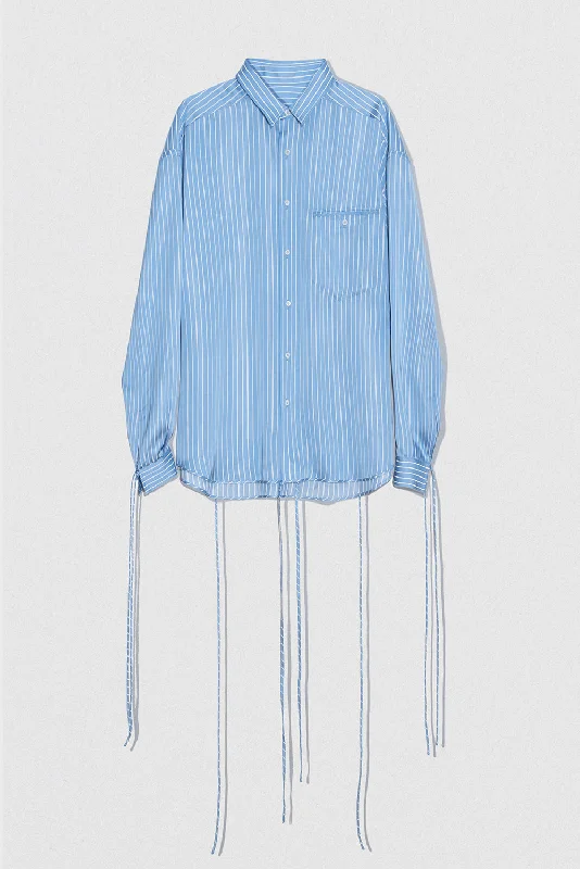 SATIN PIN STRIPE SHIRT BLUE AND WHITE VISCOSE BLEND Trendy Tie-Front Short Shirt