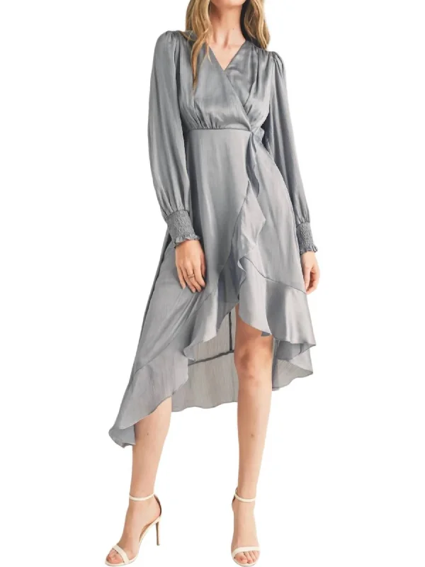 Satin Ruffle Midi Dress In Dusty Blue Stylish Tiered Midi Dress