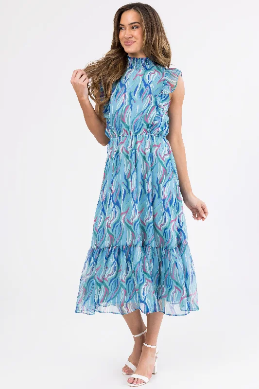 Seafoam Abstract Print Ruffled Midi Dress Chic Bohemian Midi Dress