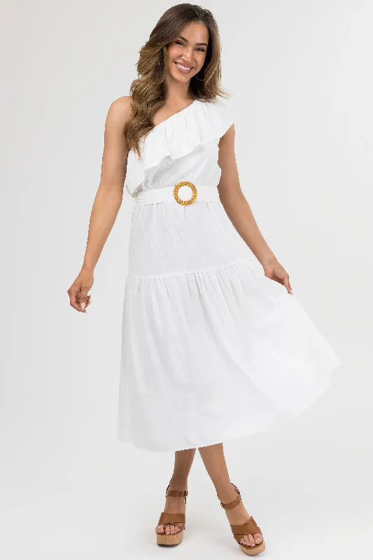 She+Sky Ivory Ruffle One Shoulder Midi Dress Comfortable Ribbed Midi Dress